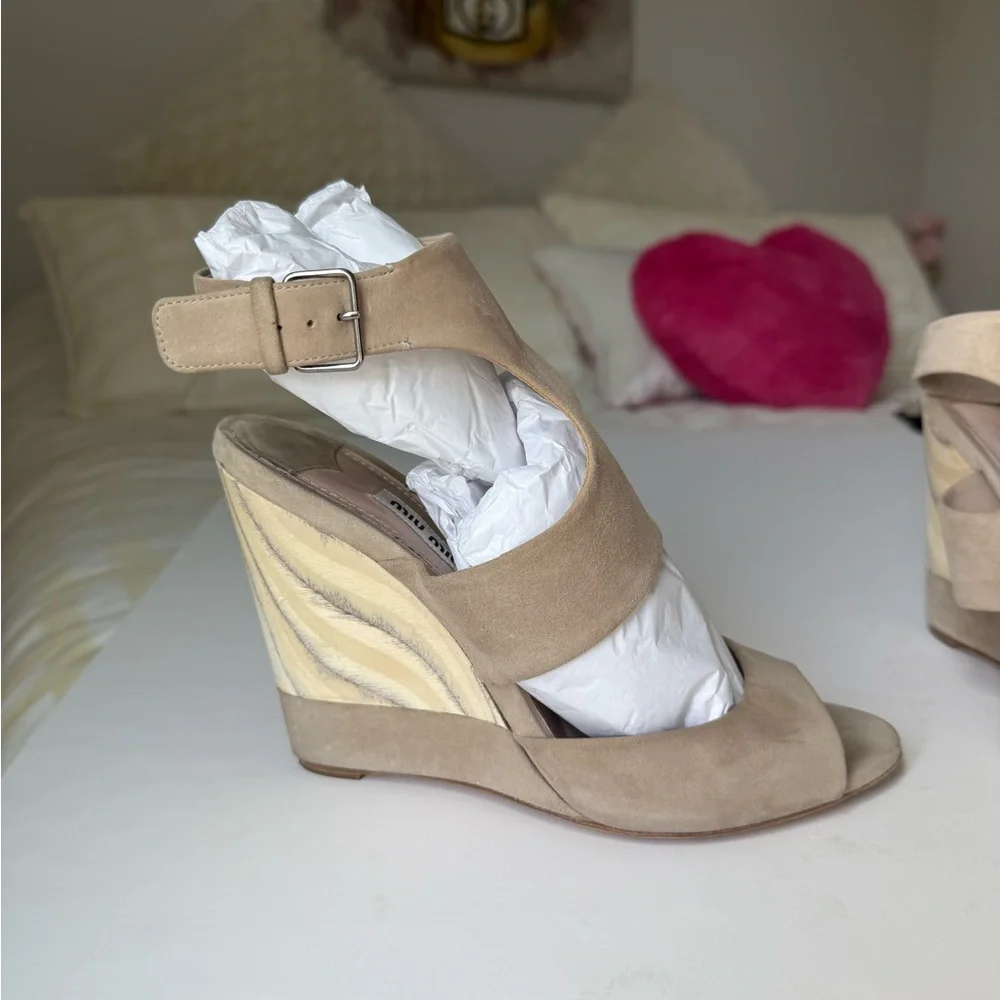 Miu Miu  Neutral Taupe Wedge Sandals